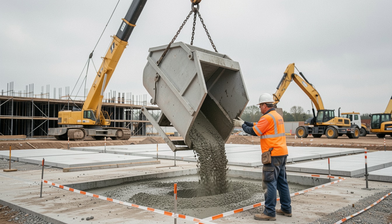 Benne à béton sur chantier : rôle, choix et sécurité